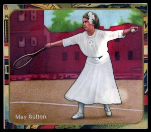 Picture, Helmar Brewing, All Our Heroes Card # 24, May Sutton, Red buildings in back, Tennis