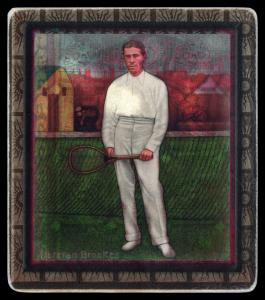 Picture, Helmar Brewing, All Our Heroes Card # 29, Norman Brookes, Standing at net; yellow building to his right, Tennis