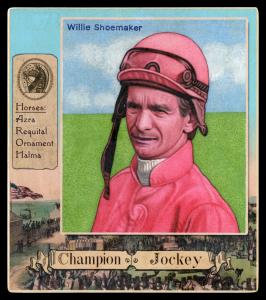 Picture, Helmar Brewing, All Our Heroes Card # 34, Willie Shoemaker, Head with gear, Horseracing