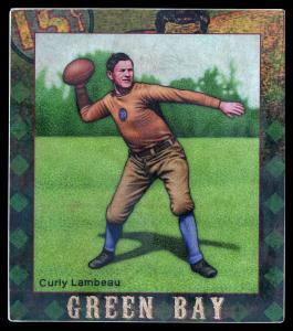 Picture, Helmar Brewing, All Our Heroes Card # 54, Curly LAMBEAU (HOF), About to throw, no helmet, Football