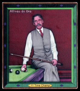 Picture, Helmar Brewing, All Our Heroes Card # 71, Alfredo de Oro, sitting on pool table, Billiards