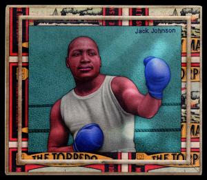 Picture, Helmar Brewing, All Our Heroes Card # 73, Jack JOHNSON (HOF), blue gloves, Boxing