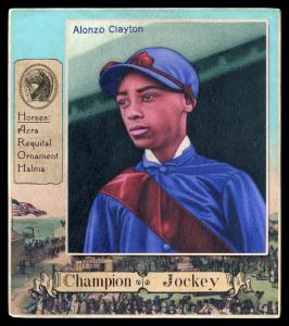 Picture, Helmar Brewing, All Our Heroes Card # 77, Alonzo Clayton, looking away, Horseracing