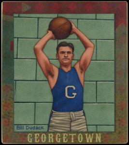 Picture, Helmar Brewing, All Our Heroes Card # 79, Bill Dudack, against wall, Basketball