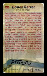Picture, Helmar Brewing, Boston Garter Game of the Century Card # 22, Wally Berger, Batting corkskrew, Boston Braves