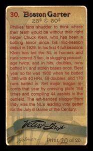 Picture, Helmar Brewing, Boston Garter Game of the Century Card # 30, Chuck KLEIN (HOF), Bats on shoulder, Philadelphia Phillies