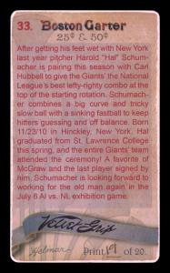 Picture, Helmar Brewing, Boston Garter Game of the Century Card # 33, Hal Schumacher, Pitching follow through, New York Giants