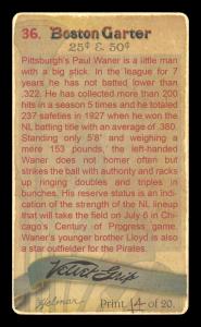Picture, Helmar Brewing, Boston Garter Game of the Century Card # 36, Paul WANER (HOF), Batting follow through, Pittsburgh Pirates