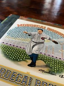 Picture, Helmar Brewing, Cigar Box Tops Card # 1, Mordecai BROWN (HOF), On mound, arm outstretched, Chicago Cubs