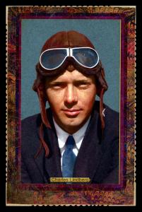 Picture, Helmar Brewing, Daredevil Newsmakers Card # 20, Charles Lindbergh, Blue tie, goggles up, Aviator