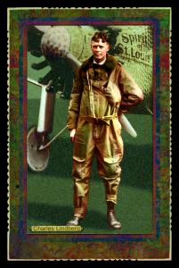 Picture, Helmar Brewing, Daredevil Newsmakers Card # 22, Charles Lindbergh, Full figure, Spirit of St. Louis, Aviator