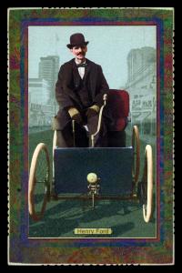 Picture, Helmar Brewing, Daredevil Newsmakers Card # 25, Henry Ford, Sitting in early car, Automobiles