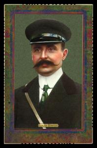Picture, Helmar Brewing, Daredevil Newsmakers Card # 27, Louis Bleriot, Green tie, patent leather visor, Aviator
