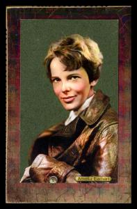 Picture, Helmar Brewing, Daredevil Newsmakers Card # 7, Amelia Earhart, sitting, leather coat, Female Aviator