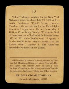 Picture, Helmar Brewing, E145-Helmar Card # 13, Chief BENDER (HOF); Chief Meyers;, Standing, Multiple
