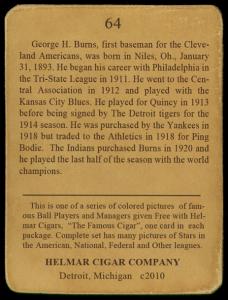 Picture, Helmar Brewing, E145-Helmar Card # 64, George Burns, Portrait, Cleveland Indians