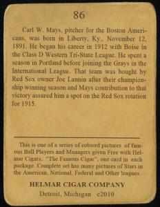 Picture, Helmar Brewing, E145-Helmar Card # 86, Carl Mays, Throwing, Boston Red Sox