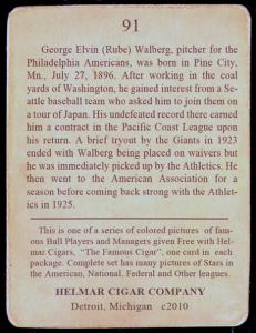 Picture, Helmar Brewing, E145-Helmar Card # 91, Rube Walberg, Wind-up, Philadelphia Athletics