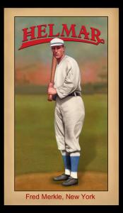 Picture, Helmar Brewing, Famous Athletes Card # 144, Fred Merkle, Standing with bat, New York Giants