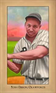 Picture, Helmar Brewing, Famous Athletes Card # 182, Josh GIBSON (HOF), Batting pose factory scene, Pittsburgh Crawfords