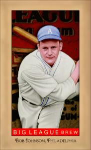 Picture, Helmar Brewing, Famous Athletes Card # 201, Bob Johnson, Swinging follow through, Philadelphia Athletics