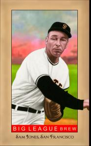 Picture, Helmar Brewing, Famous Athletes Card # 203, Sam Jones, Pitching follow through, San Francisco Giants