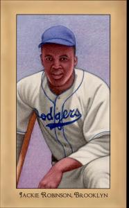 Picture, Helmar Brewing, Famous Athletes Card # 229, Jackie Robinson (HOF), Close kneeling purple back, Brooklyn Dodgers