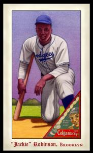 Picture, Helmar Brewing, Famous Athletes Card # 285, Jackie Robinson (HOF), On one knee, with bat, Brooklyn Dodgers