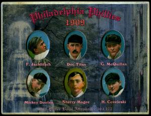 Picture of Helmar Brewing Baseball Card of Fred Jacklitsch; Doc Titus; George Mcquillan; Mickey Doolan; Sherry Magee; Harry Coveleski, card number 25 from series Helmar Die-Cut