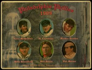 Picture of Helmar Brewing Baseball Card of George Mcquillan; Harry Coveleski; Mickey Doolan; Kitty Bransfield; Red Dooin; Pat Moran;, card number 40 from series Helmar Die-Cut