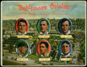Picture of Helmar Brewing Baseball Card of Doc Atkins; Pete Cassidy; Rube Dessau; Jack Dunn; Bob Hall; Jim Jackson;, card number 4 from series Helmar Die-Cut