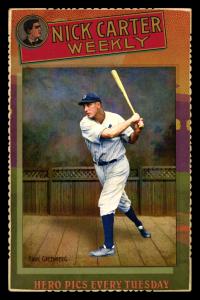 Picture, Helmar Brewing, Helmar Cabinet III Card # 7, Hank GREENBERG (HOF), End of Swing; fence, stripes, Detroit Tigers