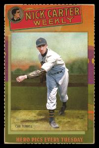 Picture, Helmar Brewing, Helmar Cabinet III Card # 87, Carl HUBBELL, Brown windbreaker sleeve, pitching follow through, New York Giants