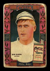 Picture, Helmar Brewing, Helmar Oasis Card # 124, Rube Oldring, Striped cap, white uniform, Philadelphia Athletics