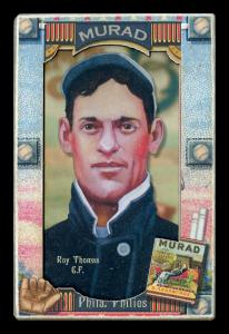 Picture, Helmar Brewing, Helmar Oasis Card # 404, Roy Thomas, Baseball Ad behind; blue uni, collar up, Philadelphia Phillies