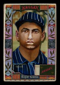Picture, Helmar Brewing, Helmar Oasis Card # 409, John Patterson, Baseball ad behind; blue uni with white stripes, Brooklyn Royal Giants