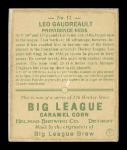 Picture, Helmar Brewing, Helmar R319 Hockey Card # 12, Leo Gaudreault, Full figure, billowing snow behind, Providence Reds
