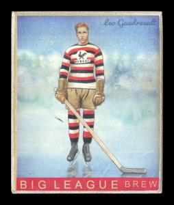 Picture, Helmar Brewing, Helmar R319 Hockey Card # 12, Leo Gaudreault, Full figure, billowing snow behind, Providence Reds