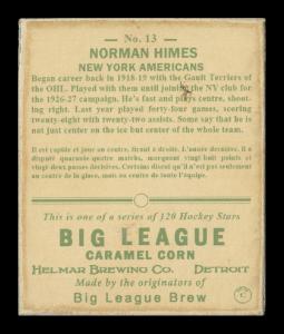 Picture, Helmar Brewing, Helmar R319 Hockey Card # 13, Norman Himes, Wearing hat, New York Americans