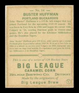 Picture, Helmar Brewing, Helmar R319 Hockey Card # 14, Buster Huffman, Facing viewer, leaning over stick, Portland Buckaroos
