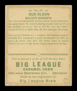 Picture, Helmar Brewing, Helmar R319 Hockey Card # 16, Gus Olson, Side view, leaning over stick. Red stripe sleeves, Duluth Hornets