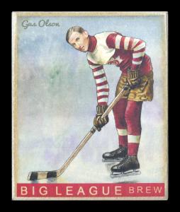 Picture, Helmar Brewing, Helmar R319 Hockey Card # 16, Gus Olson, Side view, leaning over stick. Red stripe sleeves, Duluth Hornets