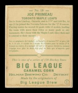 Picture, Helmar Brewing, Helmar R319 Hockey Card # 18, Joe PRIMEAU, Purplish background, blue white uniform, leaning over stick, Toronto Maple Leafs