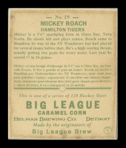 Picture, Helmar Brewing, Helmar R319 Hockey Card # 19, Mickey Roach, Sitting portrait, high forehead, Hamilton Tigers