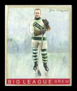 Picture, Helmar Brewing, Helmar R319 Hockey Card # 21, Bullet Joe Simpson, Full figure, Green stripe across chest, Eskimos