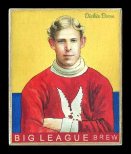 Picture, Helmar Brewing, Helmar R319 Hockey Card # 23, Dickie Boon, Arms crossed. Yellow back, red uniform, Montreal HC
