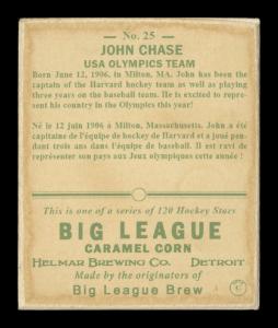 Picture, Helmar Brewing, Helmar R319 Hockey Card # 25, John Chase, USA emblem on chest; leaning over stick, USA Olympics