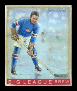 Picture, Helmar Brewing, Helmar R319 Hockey Card # 25, John Chase, USA emblem on chest; leaning over stick, USA Olympics