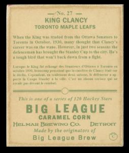 Picture, Helmar Brewing, Helmar R319 Hockey Card # 27, King CLANCY, Crew cut; leaning over stick, Toronto Maple Leafs