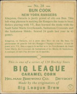 Picture, Helmar Brewing, Helmar R319 Hockey Card # 28, Bun COOK, Stick at belt, leaning forward, New York Rangers